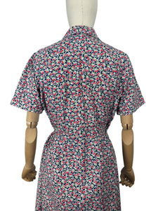 Original Volup 1930's Blue Cotton Dress with Pretty Floral Print in Red, Green and White - Bust 40 42