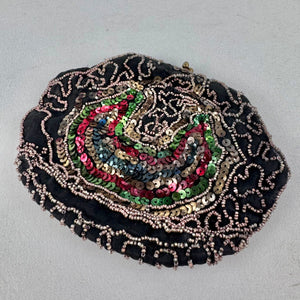 Original 1930's Black Evening Bag with Bead and Sequin Decoration in Red, Green, Gold and Blue