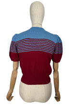 Load image into Gallery viewer, Reproduction 1940&#39;s Striped Jumper in Ruby Red and Niagra Blue with Full Puff Sleeves - Bust 34 36
