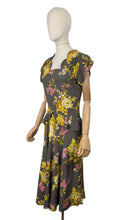 Load image into Gallery viewer, Original 1940's Dark Grey Floral Print Pink and Mustard Crepe Day Dress with Peplum - Bust 34 35 *
