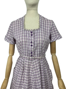 Original 1950's Lilac, Black, White and Grey Belted Check Dress by Roxanne Adams - Bust 38