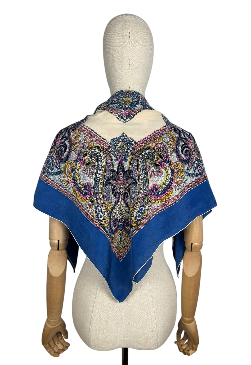 Original 1940's or 1950's Julius Garfinckel & Co Pure Silk Scarf in Blue, Pink, Yellow and Black - Great Headscarf