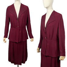 Load image into Gallery viewer, Stunning Original 1940&#39;s Burgundy Two Piece Crepe Suit with Soutache and Trapunto Quilting - Bust 40 42
