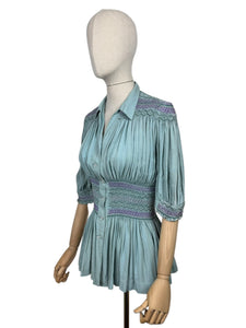 Stunning Original 1930's Blue Cotton Blouse with Heavy Smocking Detail - Bust 36 38