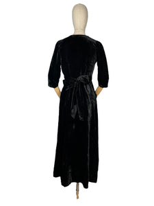 Original 1930’s Black Cotton Velvet Full Length Evening Dress with Bow Tie Belt - Bust 34 *