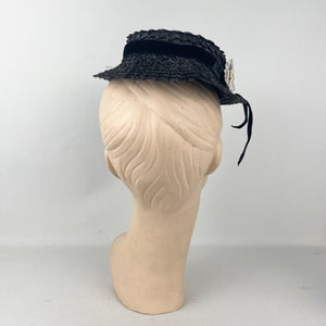 Original 1940’s Black Straw Tilt Topper Hat with Pretty Floral Trim