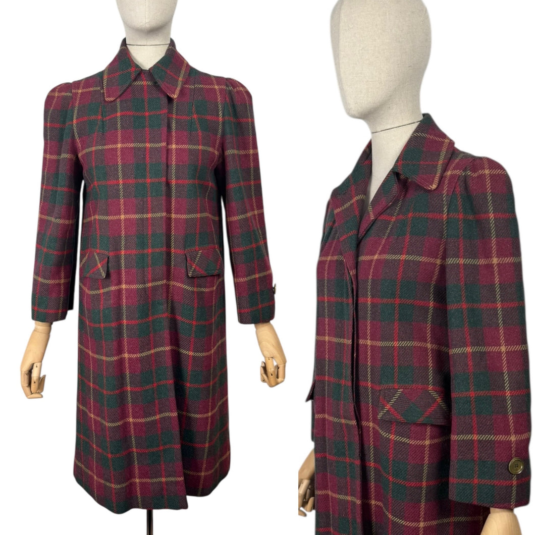 Original 1940's American Made Wool Plaid Coat in Burgundy, Green and Old Gold - Satin Lined - Bust 34 36