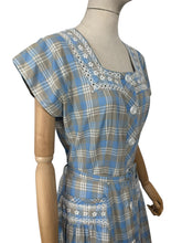 Load image into Gallery viewer, Original 1950&#39;s Blue, Brown and White Embroidered Check Belted Dress - Bust 36 38
