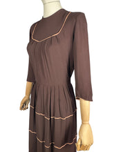 Load image into Gallery viewer, Original 1940’s Chocolate Brown Crepe Dress with Accent Trim - Bust 36
