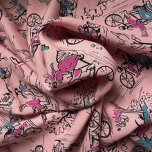 Load image into Gallery viewer, Original 1940's Novelty Print Pink Linen Dressmaking Fabric with Bicycles - 36"x 64"
