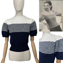Load image into Gallery viewer, Reproduction 1940&#39;s Striped Jumper in Midnight Blue and White with Full Puff Sleeves - Bust 34 36
