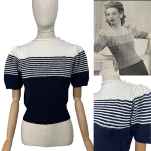 Reproduction 1940's Striped Jumper in Midnight Blue and White with Full Puff Sleeves - Bust 34 36