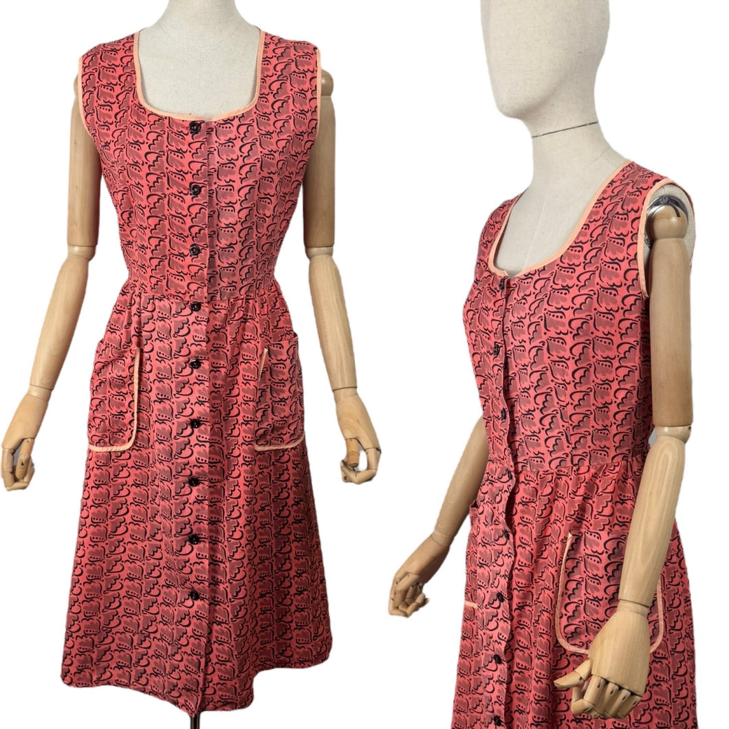 Original 1940's 1950's Dark Coral Pink Cotton Chore Dress with Black Print - Bust 37 38