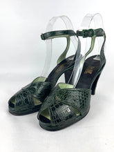 Load image into Gallery viewer, Original 1940's Dark Green Crocodile Skin Platform Peep-toe Shoes with Ankle Straps - UK 4.5 5  *
