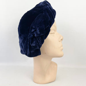 Original 1940's Blue Velvet Beret Hat with Large Bow Trim by Jacoll