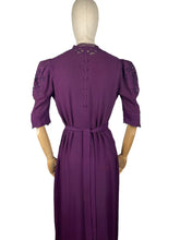 Load image into Gallery viewer, Original 1940&#39;s Cadbury Purple Crepe Full Length Evening Dress with Cutout Detail and Lace Trim - Bust 36 *
