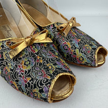 Load image into Gallery viewer, Original 1950’s Rainbow Floral Lounge Shoes with Gold Bow Trim - Charming Slippers - Size 5.5 or 6 *
