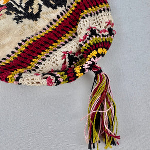 Antique Edwardian Crochet Drawstring Bag with Embroidered Floral Panels