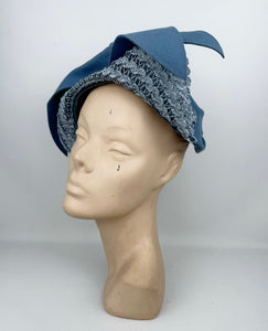 Exceptionally Beautiful Original 1930's Blue Felt Hat with Straw Trim and Seaming Detail