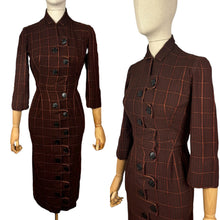 Load image into Gallery viewer, Original 1950&#39;s Brock and Rust Wool Plaid Wiggle Dress with Amazing Button Detail - Bust 32
