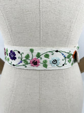 Load image into Gallery viewer, Original 1930&#39;s Embroidered Cream Linen Belt with Blue Buckle - Silk Flowers in Red, Purple, Mustard, Blue and Orange
