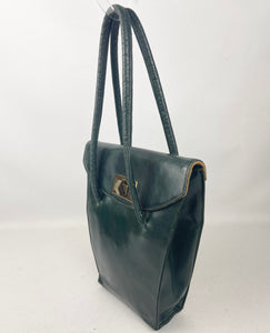 Original 1930’s Dark Green Leather Bag with Gold Tone Fixing and Double Handle