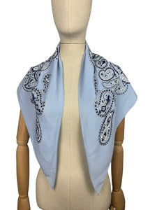 Original 1940's Triangular Crepe Scarf in Two-Tone Blue and White Paisley Print - Vintage Neckerchief