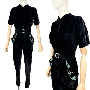 Original 1940's Black Velvet Beaded Jumpsuit by Robert Rosenfeld - Bust 34