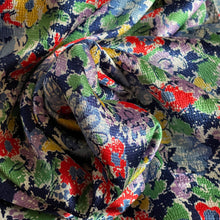 Load image into Gallery viewer, Original 1930&#39;s Crepe Floral Dressmaking Fabric in Navy Blue with Red, Yellow, Green , White and Purple Flowers - 34&quot; x 128&quot;
