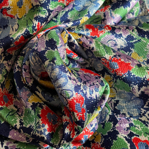 Original 1930's Crepe Floral Dressmaking Fabric in Navy Blue with Red, Yellow, Green , White and Purple Flowers - 34" x 128"