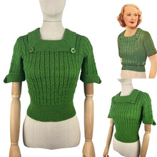 Load image into Gallery viewer, 1930&#39;s Reproduction Pretty Wool Knit with a Neat Collar and Button Detail in Green - Bust 34 36
