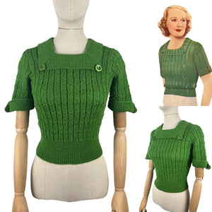 1930's Reproduction Pretty Wool Knit with a Neat Collar and Button Detail in Green - Bust 34 36