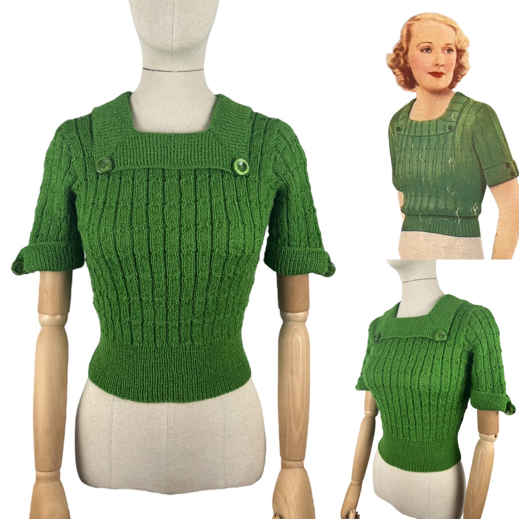 1930's Reproduction Pretty Wool Knit with a Neat Collar and Button Detail in Green - Bust 34 36