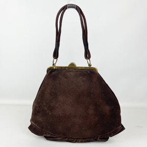 Original 1930's Dark Brown Suede Handbag with Ruffled Leather Trim
