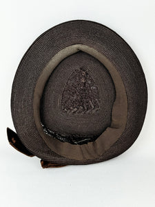 Original 1940's Dark Brown Lacquered Straw Hat with Wide Velvet Bow Trim