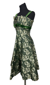 Original Kitty Copeland Green 1950's Nylon and Velvet Floral Cocktail Dress - Bust 30 32