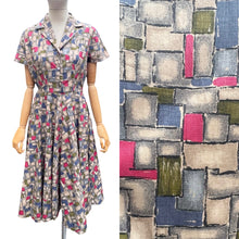 Load image into Gallery viewer, Original 1950’s Crisp Cotton Day Dress in Grey, Blue, Pink and Green - Bust
