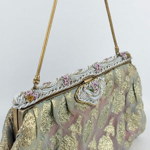 Original 1950's Gold Chiffon Bag with Beautiful Pink and White Beaded Frame and Clasp