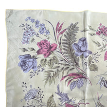 Load image into Gallery viewer, Original 1950&#39;s Pale Yellow Silk Crepe Scarf with Roses and Flowers Print in Pink and Green - Great Headscarf
