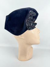 Load image into Gallery viewer, Original 1950&#39;s Dark Blue Fur Felt Hat with Bead and Sequin Trim *
