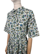 Load image into Gallery viewer, Vintage 1950&#39;s 1960&#39;s Lightweight Cotton Novelty Print Shirtwaister Dress in Purple, Blue and Green - Bust 36

