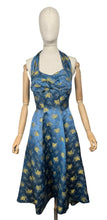 Load image into Gallery viewer, Original 1950&#39;s Blue and Gold Halterneck Cocktail Dress - Bust 36 37 *

