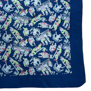 Original 1930’s 1940’s Blue, Pink and Green Pure Silk Scarf Featuring Snow White’s Seven Dwarfs Playing Instruments