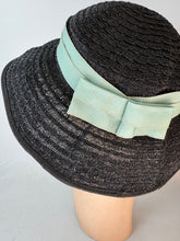 Load image into Gallery viewer, Original Late 1940's Black Straw Hat with Seafoam Green Grosgrain Trim *
