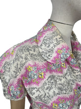 Load image into Gallery viewer, Original Late 1940&#39;s Ritchwear Floral Cotton Stripe Day Dress in White, Black, Pink, Yellow and Blue - Bust 37
