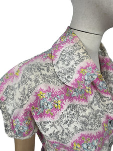 Original Late 1940's Ritchwear Floral Cotton Stripe Day Dress in White, Black, Pink, Yellow and Blue - Bust 37