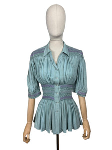 Stunning Original 1930's Blue Cotton Blouse with Heavy Smocking Detail - Bust 36 38