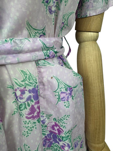 Original 1950's Purple Nylon Belted Day Dress with Pink and Green Bold Floral Print - Bust 36 38