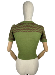 Reproduction 1940's Hand Knitted Stripe Jumper in Turtle Green and Brown Pure Wool - Bust 32 34