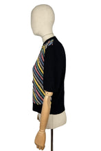 Load image into Gallery viewer, Original 1940&#39;s Black Chevron Stripe Cardigan in Boucle Wool in Yellow, Grey, Blue, Pink and Green - Bust 36 38
